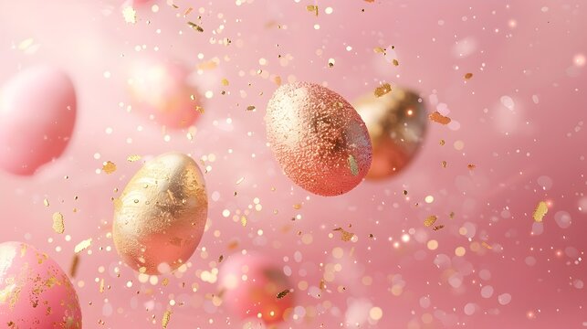 Colorful Easter Eggs Flying Among Confetti on a Pink Background