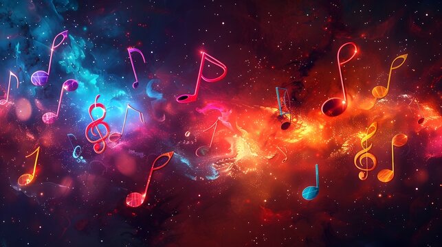Colorful Musical Notes in Cosmic Abstraction Galaxy Background