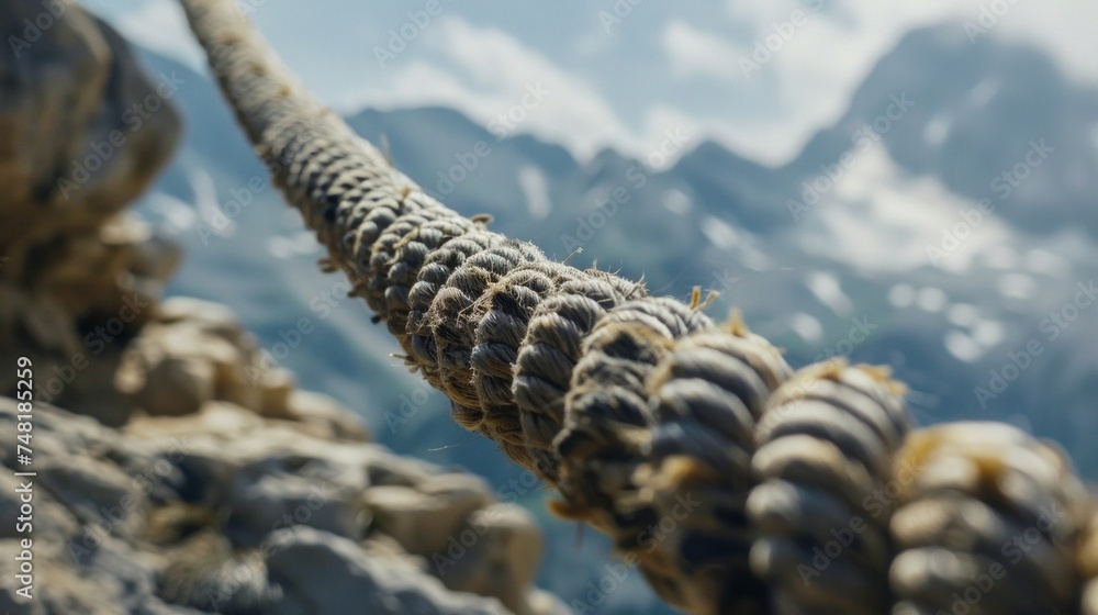Poster a closeup shot of a worn and weathered rope being pulled taut between two distant points symbolizing