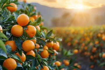 Golden rays of the setting sun illuminate a citrus orchard, casting a warm light over the ripe, round oranges.