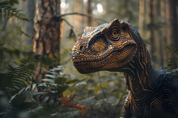 Dinosaur in a Forest Realistic Portrait in Green Scene