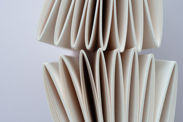 two bundles of bookbinding signatures (spine edges touching) on blank textured paper
