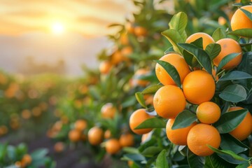 Golden rays of the setting sun illuminate a citrus orchard, casting a warm light over the ripe, round oranges.