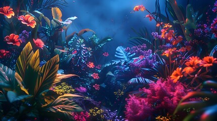 Ethereal 3D Vivarium Wallpaper with Tropical Plants and Living Light