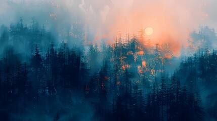 Ethereal Sunset Landscape with Trees in the Forest - obrazy, fototapety, plakaty