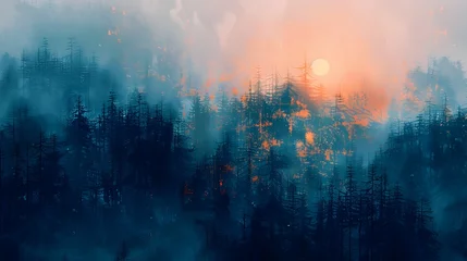Fotobehang Ethereal Sunset Landscape with Trees in the Forest © kiatipol