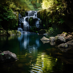 Fototapeta na wymiar Nature's Symphony: Aesthetically Captivating Waterfall Scene Nestled in Untouched Forest