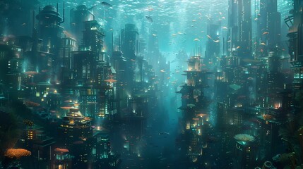 Futuristic Underwater City of Colorful Buildings in Blue-Green Ocean