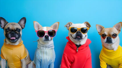 funny digs in glasses and bright clothes on blue background
