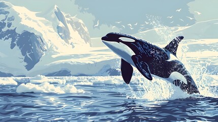 Joyful Orca Leaping Over Antarctic Icebergs