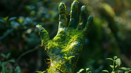 Mossy Hand Surrounded by Foliage in Sculpted Impressionism Style