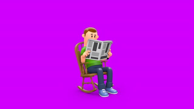 3D Cartoon Character Man Sitting on Swinging Chair and Reading Newspaper. A Domestic Man Regular Day Activity of Relaxing and Reading Magazine.
