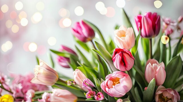 closeup view of pink tulips on a light bokeh background. Spring concept. Lifestyle product image. For Mother's Day,  Valentine's Day, shop, advertisement, banner, card, cover, invitation, wallpaper