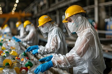 Plastic Recycling Factory Workers in Protective Gear