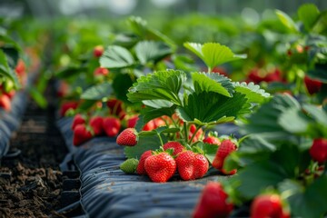 Sunlight bathes a field of ripe strawberries, highlighting the lush green leaves and vibrant red berries in a rural farm setting.