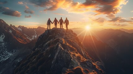 Team of People Standing on Mountain Summit at Sunset Time
