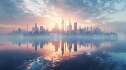 Fototapeta na wymiar UAE City Skyline at Sunrise Reflected on Water