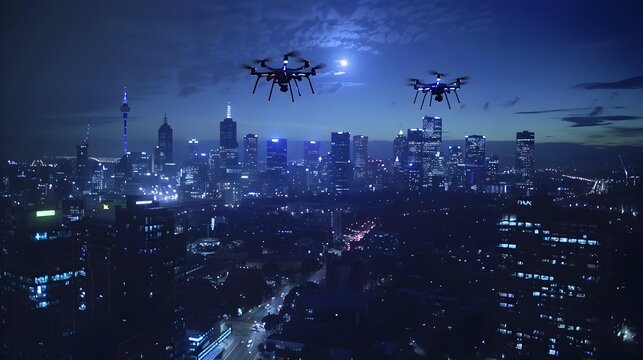 Two Drones Flying Over City at Night in a Futuristic Style