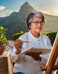 Asian female elderly painting an oil painting in the middle of nature