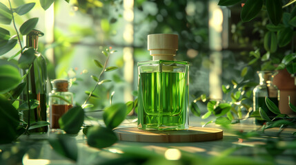 Green Fragrance Bottle in Lush Botanical Surroundings