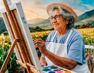 Old woman painting an oil painting in the middle of nature
