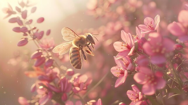 a bee gracefully hovering near pink flowers, she is surrounded by the petals of blooming flowers.