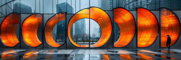 graffiti on a wall Close-up of modern office buildings in the city,
A man stands in a room with a large circle





