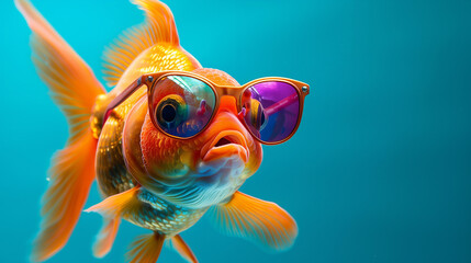 Goldfish with Fashionable Rainbow Sunglasses, Aquatic Teal Backdrop