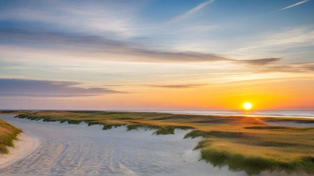 Panoramic view of a sunrise on the island of Sylt, Schleswig-Holstein, Germany
