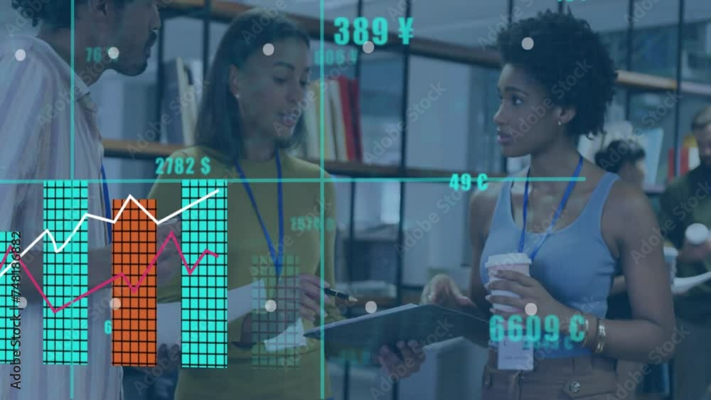 Poster Animation of data processing over diverse business people talking in office