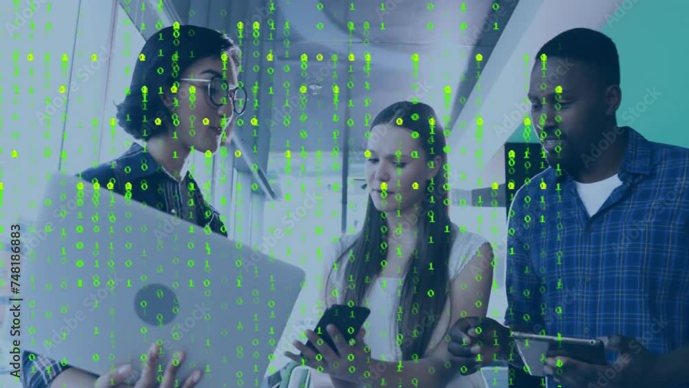 Poster animation of binary coding over diverse business people talking in office