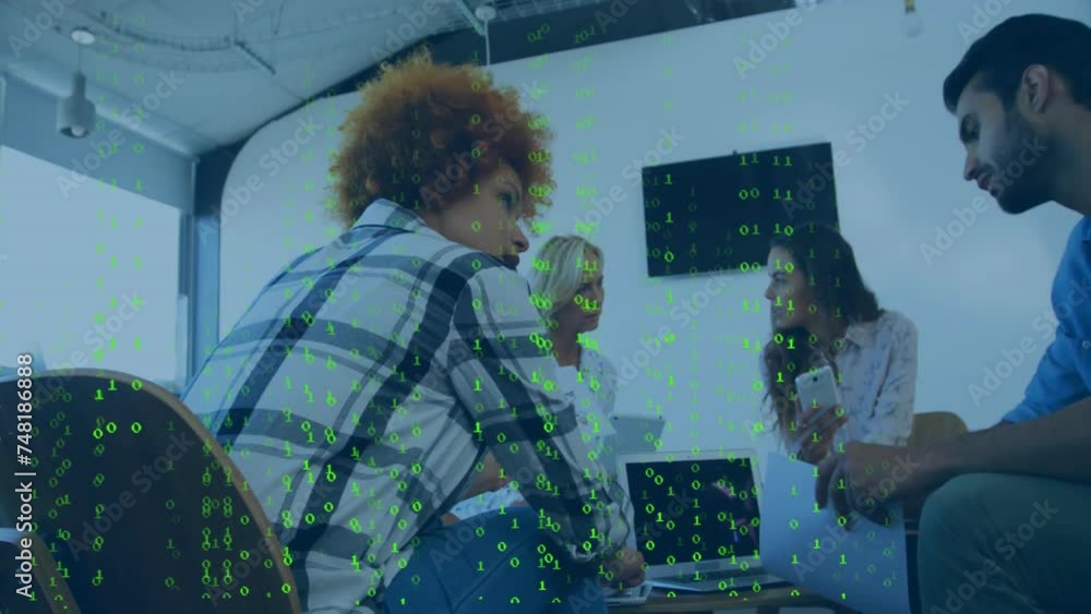 Poster animation of binary coding over diverse business people talking in office