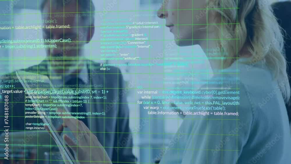 Poster animation of data processing over caucasian business people using tablet in office