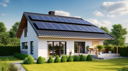 A building with solar panels on the roof. Sustainable and clean energy at home from the future.