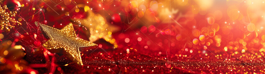 red christmas with golden glittering stars, banner with copy space, created with generative AI...