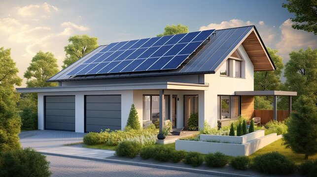 A cozy country house powered by solar panels. The energy of the future.