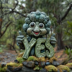 Yes broccoli! Broccoli figure says YES. A nice brocculi figure says YES to you. The friendly brokkuli statue invites you savour succulent plants in the rain. Vegan munchies. Always say yes vegetables