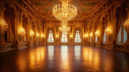 Background The grand ballroom of a palace decorated with ornate dries and shining crystal chandeliers adds to the opulence of this modern royal look.