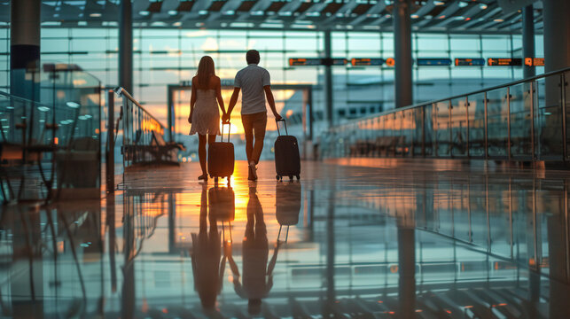 Pareja de hombre y mujer caminando en &eacute;l aeropuerto con maletas de la mano al amanecer para viajar.