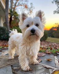 A dog with long white fur stands outdoors, bathed in warm golden sunlight