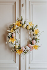 Decorative Easter wreath featuring arrangement of pastel-colored eggs, yellow blossoms, and verdant greenery creates a festive atmosphere. The wreath is displayed against a textured white door