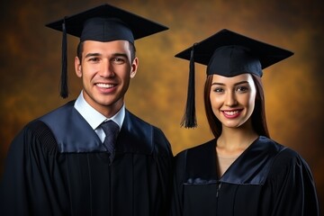 Man and a woman in graduation caps and black robes celebrate academic success