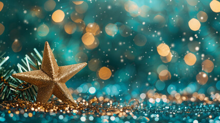 christmas with a golden glittering star on a teal green background with copy space, created with...