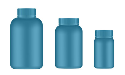 Set of big, medium and small medical pill bottles. Teal green jar with lid. Plastic medicine container. 3d mockup of a packaging for pharmacy	