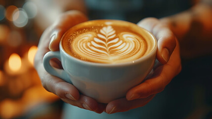 A close-up shot of a barista expertly crafting a latte art design in a trendy coffee shop