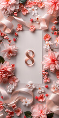 Bronze ‘8’ amidst pink flowers and ribbons on a white canvas.