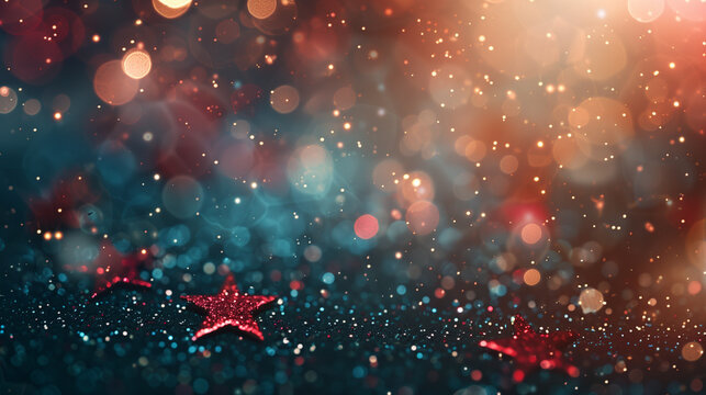 christmas with red glittering stars on a teal green and red  background with copy space, created with generative AI technology