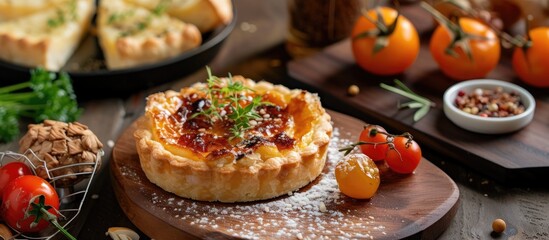 A table is filled with a wide array of different types of food, including roasted cheese tarts, fruits, salads, meats, bread, and desserts. The spread is plentiful, colorful, and varied, showcasing a