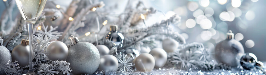 Fototapeta na wymiar white christmas with silver shining christmas tree baubles on a white background with copy space, created with generative AI technology