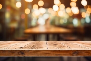 The empty wooden table top with blur background of cafe. Exuberant image. generative ai